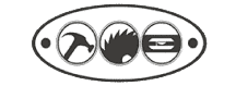 Logo ovale blanc sur fond vert affichant trois outils de menuiserie en cercles : marteau, lame de scie circulaire, et niveau à bulle.