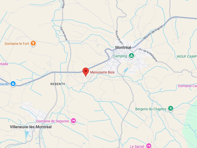 Menuiserie Boix : Carte et Localisation près de Montréal Carte localisant la Menuiserie Boix près de Rebenty et Montréal, avec les routes Sainte-Anne, Rte de Bram et Av. de la Malepère.