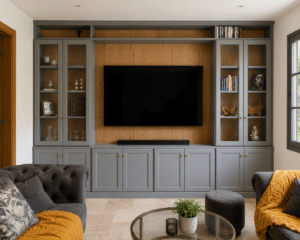 Meuble TV gris intégré, fond bois, canapé gris et jeté jaune. Salon moderne et élégant.